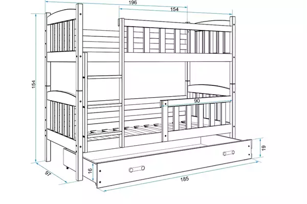 Misura del Letto a castello per ragazzi KUBUŚ 90x190 con materasso e cassetto, pino/bianco Misura del Letto a castello per ragazzi KUBUŚ 90x190 con materasso e cassetto, pino/bianco
