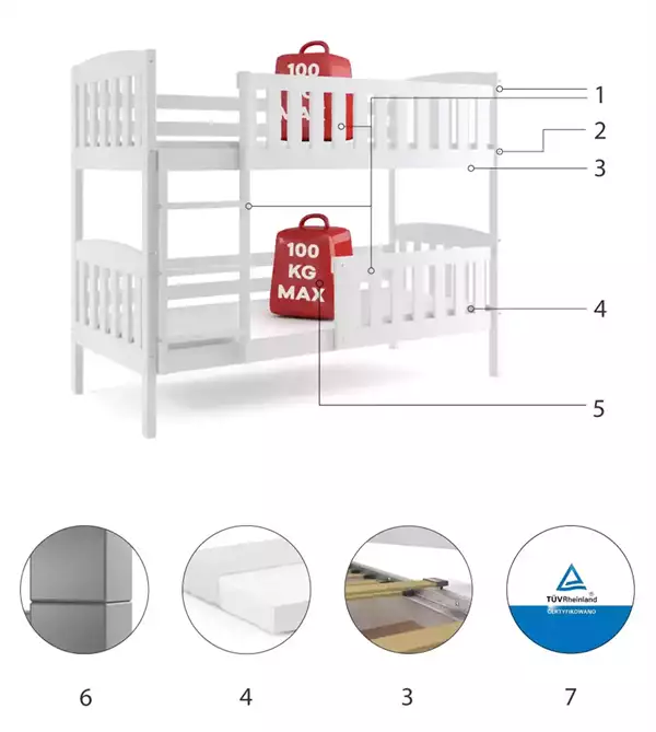 Componenti del Letto a castello per ragazzi KUBUŚ 90X200, bianco Componenti del Letto a castello per ragazzi KUBUŚ 90X200, bianco