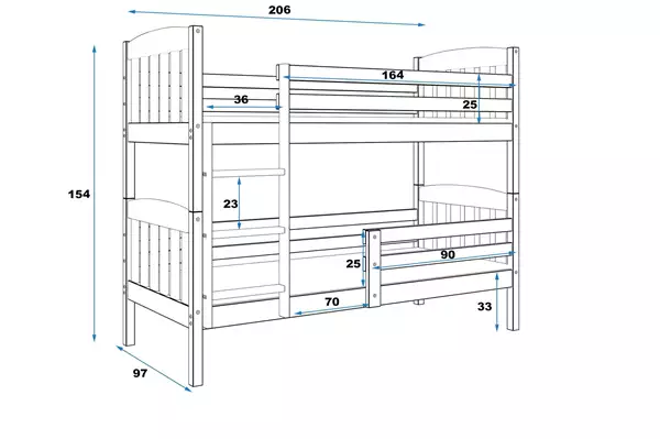 Misura del Letto a castello per ragazzi KUBUŚ 90X200, bianco Misura del Letto a castello per ragazzi KUBUŚ 90X200, bianco