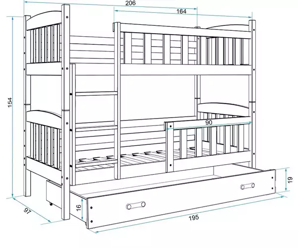 Misura del Letto a castello per ragazzi KUBUŚ 90X200 con cassetto, bianco Misura del Letto a castello per ragazzi KUBUŚ 90X200 con cassetto, bianco