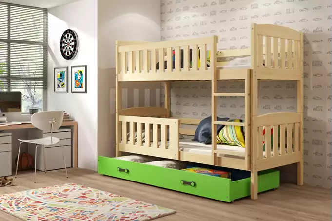 Visualizzazione per Letto a castello per ragazzi KUBUŚ 90x200 con cassetto, pino/verde