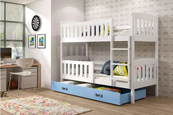 Visualizzazione per Letto a castello per ragazzi KUBUŚ 90X200 con materasso e cassetto, bianco/blu Visualizzazione per Letto a castello per ragazzi KUBUŚ 90X200 con materasso e cassetto, bianco/blu
