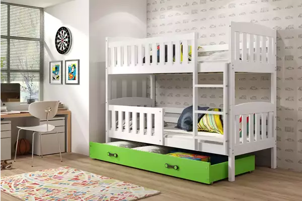Visualizzazione per Letto a castello per ragazzi KUBUŚ 90x200 con materasso e cassetto, bianco/verde Visualizzazione per Letto a castello per ragazzi KUBUŚ 90x200 con materasso e cassetto, bianco/verde