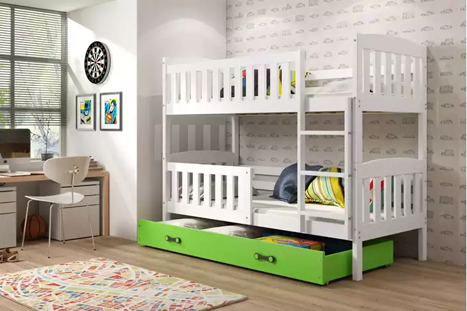 Visualizzazione per Letto a castello per ragazzi KUBUŚ 90x200 con materasso e cassetto, bianco/verde