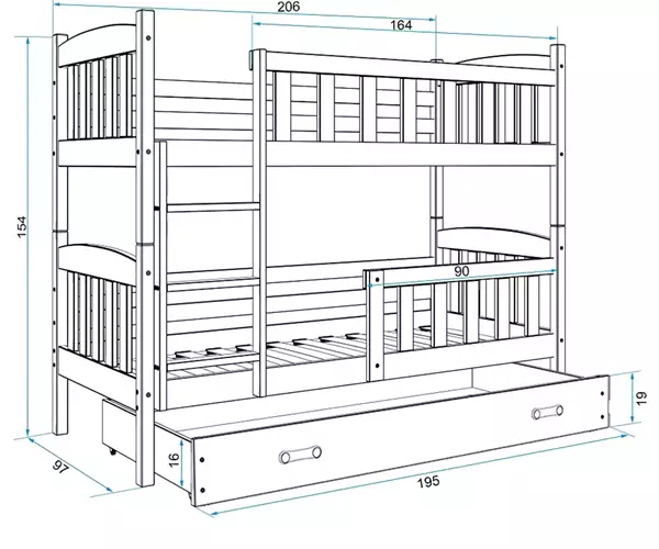 Misura del Letto a castello per ragazzi KUBUŚ 90X200 con materasso e cassetto, pino/bianco Misura del Letto a castello per ragazzi KUBUŚ 90X200 con materasso e cassetto, pino/bianco