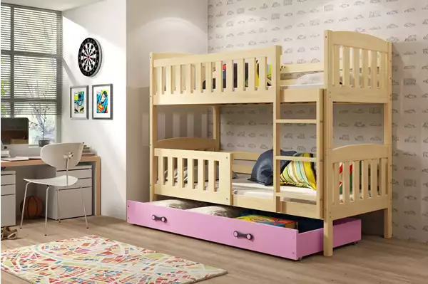 Visualizzazione per Letto a castello per ragazzi KUBUŚ 90x200 con materasso e cassetto, pino/rosa Visualizzazione per Letto a castello per ragazzi KUBUŚ 90x200 con materasso e cassetto, pino/rosa
