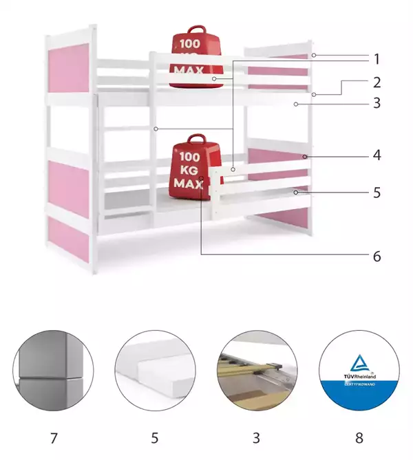 Componenti del Letto a castello per ragazzi RICO 90x190, bianco/rosa