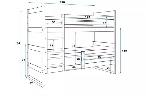 Misura del Letto a castello per ragazzi RICO 90x190, bianco/rosa