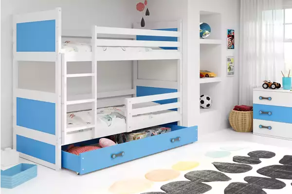 Visualizzazione per Letto a castello per ragazzi RICO 90x190 con cassetto, bianco/blu Visualizzazione per Letto a castello per ragazzi RICO 90x190 con cassetto, bianco/blu