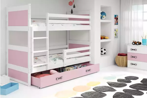 Visualizzazione per Letto a castello per ragazzi RICO 90x190 con cassetto, bianco/rosa Visualizzazione per Letto a castello per ragazzi RICO 90x190 con cassetto, bianco/rosa