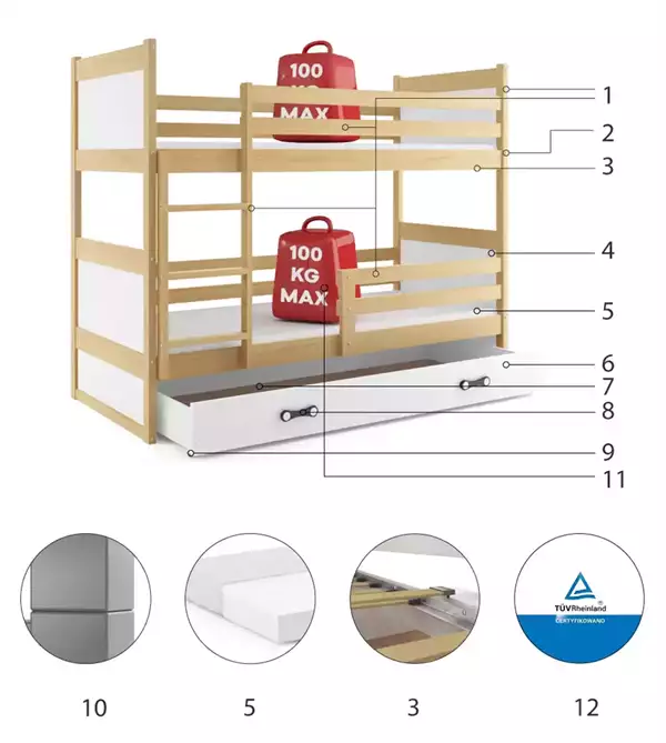 Componenti del Letto a castello per ragazzi RICO 90X190 con cassetto, pino/bianco Componenti del Letto a castello per ragazzi RICO 90X190 con cassetto, pino/bianco