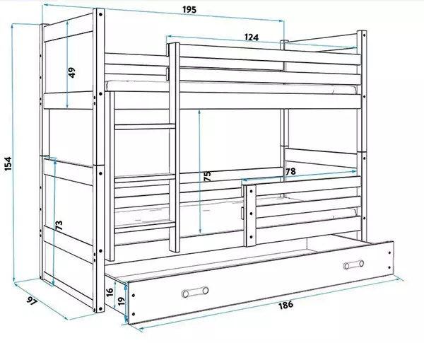 Misura del Letto a castello per ragazzi RICO 90X190 con cassetto, pino/bianco Misura del Letto a castello per ragazzi RICO 90X190 con cassetto, pino/bianco