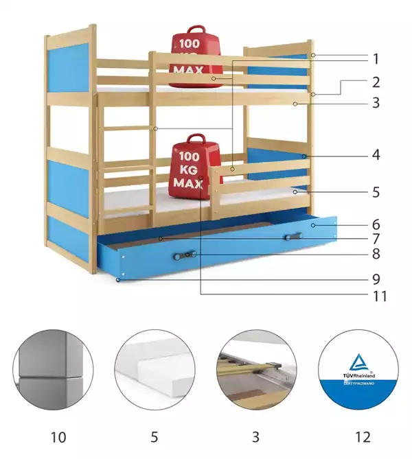 Componenti del Letto a castello per ragazzi RICO 90X190 con cassetto, pino/blu Componenti del Letto a castello per ragazzi RICO 90X190 con cassetto, pino/blu