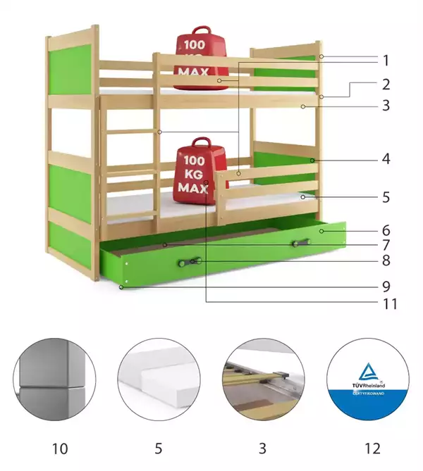 Componenti del Letto a castello per ragazzi RICO 90X190 con cassetto, pino/verde Componenti del Letto a castello per ragazzi RICO 90X190 con cassetto, pino/verde