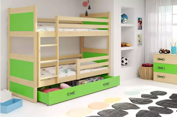Visualizzazione per Letto a castello per ragazzi RICO 90X190 con cassetto, pino/verde Visualizzazione per Letto a castello per ragazzi RICO 90X190 con cassetto, pino/verde