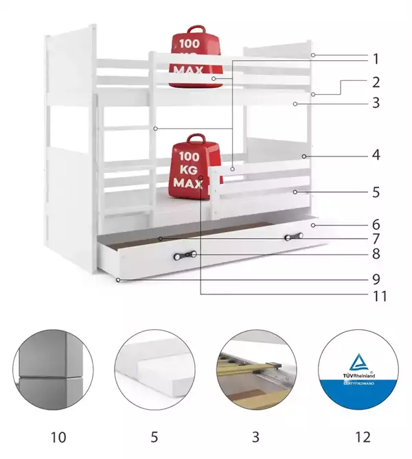 Componenti del Letto a castello per ragazzi RICO 90X190 con materasso e cassetto, bianco Componenti del Letto a castello per ragazzi RICO 90X190 con materasso e cassetto, bianco