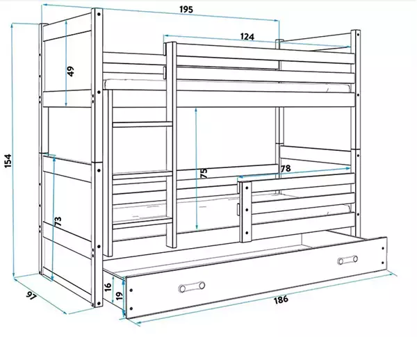Misura del Letto a castello per ragazzi RICO 90X190 con materasso e cassetto, bianco Misura del Letto a castello per ragazzi RICO 90X190 con materasso e cassetto, bianco