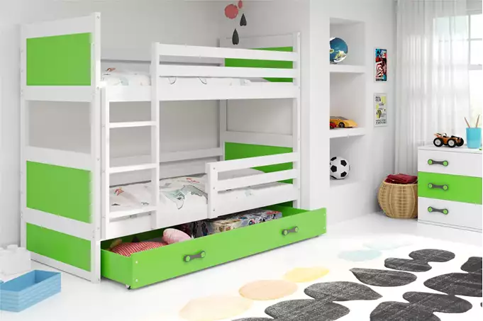 Visualizzazione per Letto a castello per ragazzi RICO 90X190 con materasso e cassetto, bianco/verde