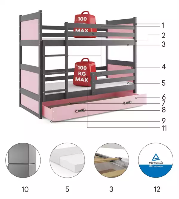 Componenti del Letto a castello per ragazzi RICO 90X190 con materasso e cassetto, grafite/rosa Componenti del Letto a castello per ragazzi RICO 90X190 con materasso e cassetto, grafite/rosa