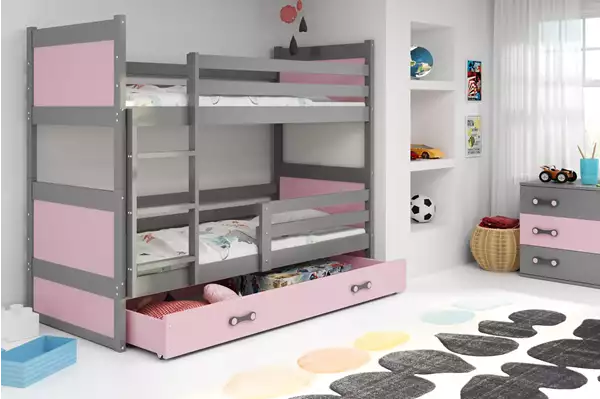 Visualizzazione per Letto a castello per ragazzi RICO 90X190 con materasso e cassetto, grafite/rosa Visualizzazione per Letto a castello per ragazzi RICO 90X190 con materasso e cassetto, grafite/rosa