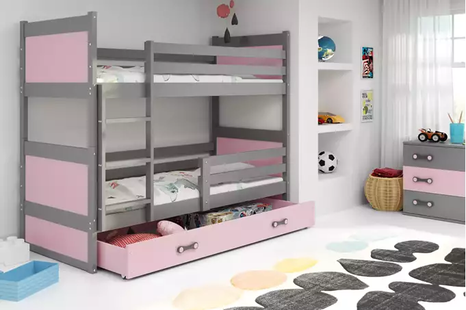 Visualizzazione per Letto a castello per ragazzi RICO 90X190 con materasso e cassetto, grafite/rosa