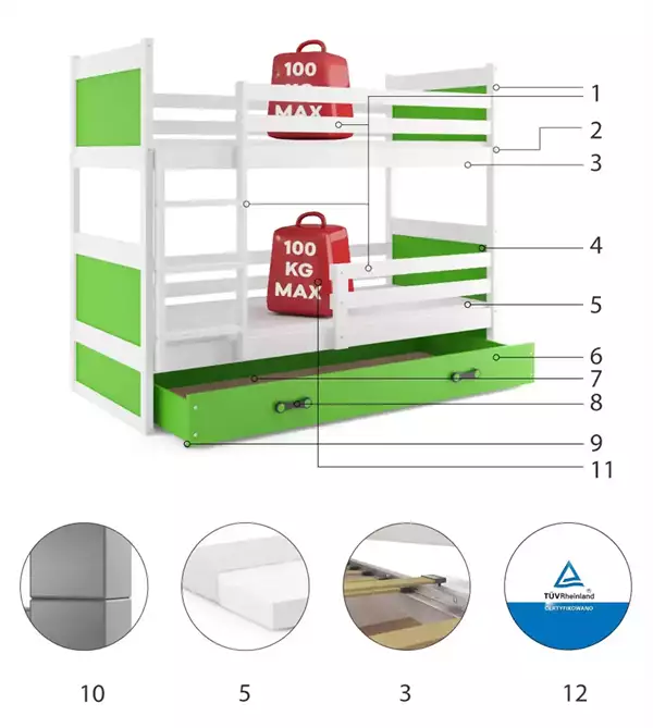 Componenti del Letto a castello per ragazzi RICO 90X200 con cassetto, bianco/verde Componenti del Letto a castello per ragazzi RICO 90X200 con cassetto, bianco/verde