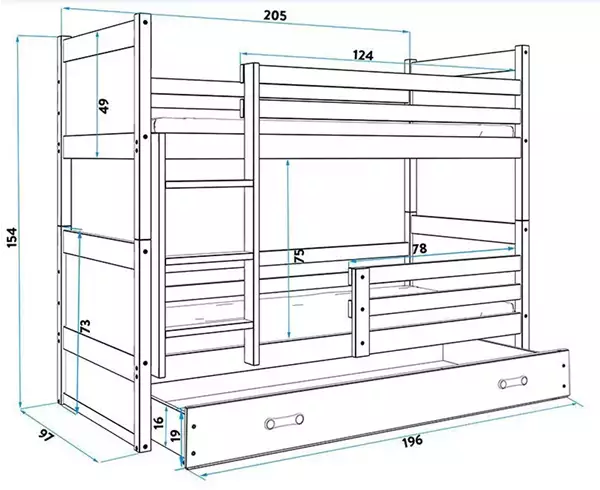 Misura del Letto a castello per ragazzi RICO 90X200 con cassetto, bianco/verde Misura del Letto a castello per ragazzi RICO 90X200 con cassetto, bianco/verde