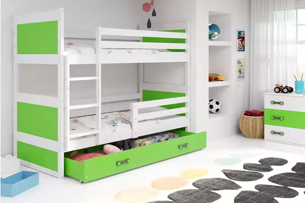 Visualizzazione per Letto a castello per ragazzi RICO 90X200 con cassetto, bianco/verde Visualizzazione per Letto a castello per ragazzi RICO 90X200 con cassetto, bianco/verde