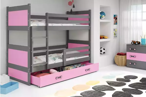 Visualizzazione per Letto a castello per ragazzi RICO 90X200 con cassetto, grafite/rosa Visualizzazione per Letto a castello per ragazzi RICO 90X200 con cassetto, grafite/rosa