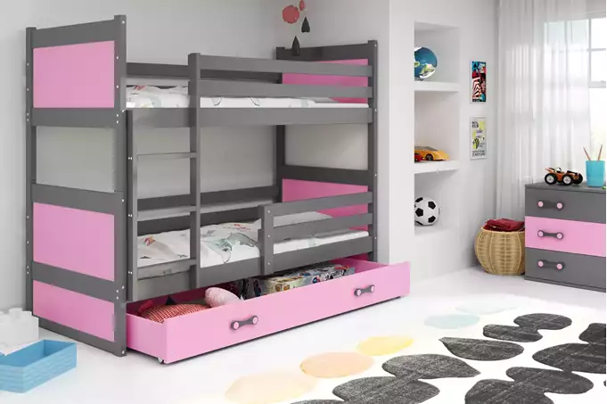 Visualizzazione per Letto a castello per ragazzi RICO 90X200 con cassetto, grafite/rosa
