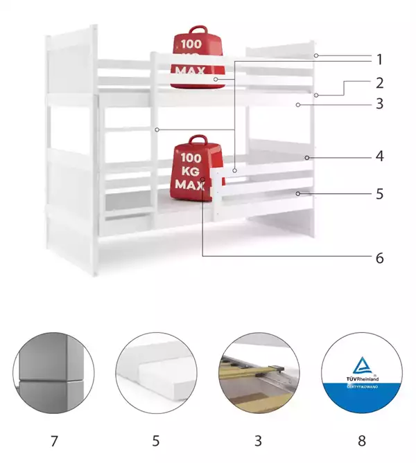 Componenti del Letto a castello per ragazzi RICO 90X200 con materasso, bianco Componenti del Letto a castello per ragazzi RICO 90X200 con materasso, bianco