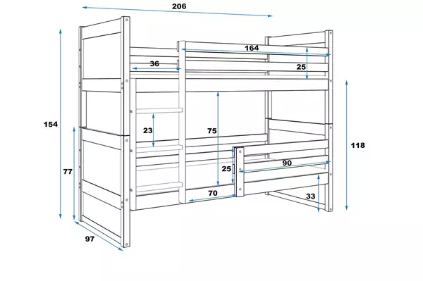 Misura del Letto a castello per ragazzi RICO 90X200 con materasso, bianco Misura del Letto a castello per ragazzi RICO 90X200 con materasso, bianco
