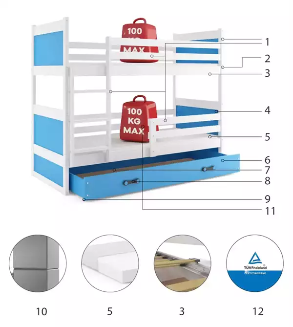 Componenti del Letto a castello per ragazzi RICO 90X200 con materasso e cassetto, bianco/blu Componenti del Letto a castello per ragazzi RICO 90X200 con materasso e cassetto, bianco/blu