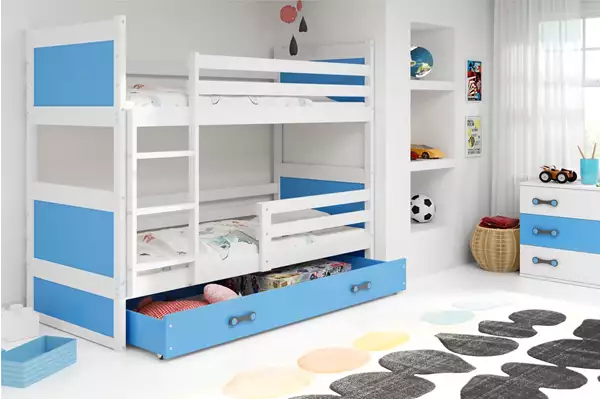 Visualizzazione per Letto a castello per ragazzi RICO 90X200 con materasso e cassetto, bianco/blu Visualizzazione per Letto a castello per ragazzi RICO 90X200 con materasso e cassetto, bianco/blu