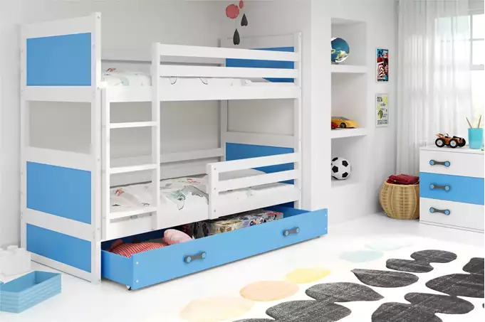 Visualizzazione per Letto a castello per ragazzi RICO 90X200 con materasso e cassetto, bianco/blu