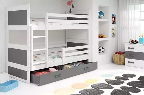 Visualizzazione per Letto a castello per ragazzi RICO 90x200 con materasso e cassetto, bianco/grafite Visualizzazione per Letto a castello per ragazzi RICO 90x200 con materasso e cassetto, bianco/grafite