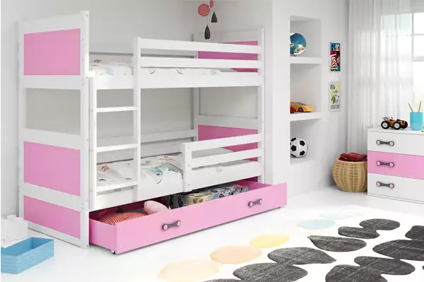 Visualizzazione per Letto a castello per ragazzi RICO 90x200 con materasso e cassetto, bianco/rosa Visualizzazione per Letto a castello per ragazzi RICO 90x200 con materasso e cassetto, bianco/rosa