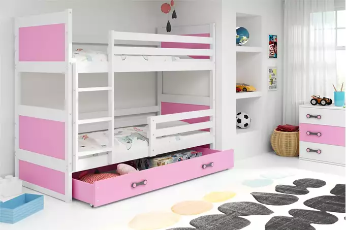 Visualizzazione per Letto a castello per ragazzi RICO 90x200 con materasso e cassetto, bianco/rosa