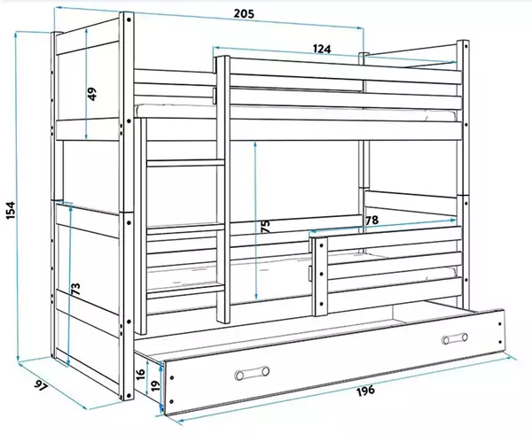 Misura del Letto a castello per ragazzi RICO 90X200 con materasso e cassetto, bianco/verde Misura del Letto a castello per ragazzi RICO 90X200 con materasso e cassetto, bianco/verde