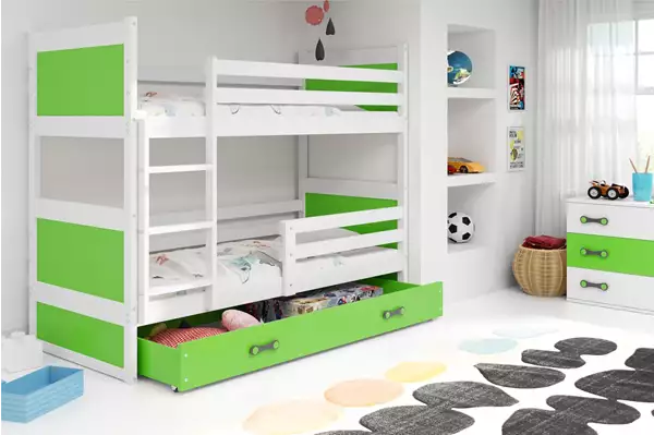 Visualizzazione per Letto a castello per ragazzi RICO 90X200 con materasso e cassetto, bianco/verde Visualizzazione per Letto a castello per ragazzi RICO 90X200 con materasso e cassetto, bianco/verde