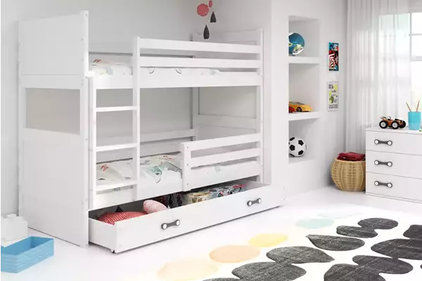 Visualizzazione per Letto a castello per ragazzi RICO 90X200 con materasso e cassetto, bianco Visualizzazione per Letto a castello per ragazzi RICO 90X200 con materasso e cassetto, bianco