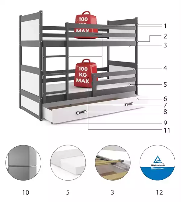 Componenti del Letto a castello per ragazzi RICO 90X200 con materasso e cassetto, grafite/bianco Componenti del Letto a castello per ragazzi RICO 90X200 con materasso e cassetto, grafite/bianco
