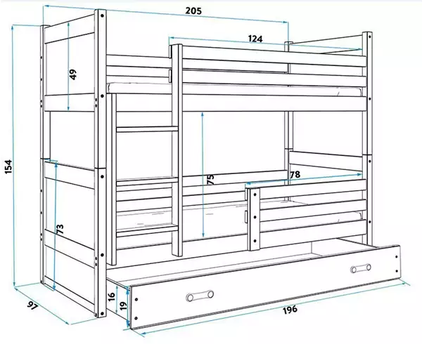 Misura del Letto a castello per ragazzi RICO 90x200 con materasso e cassetto, pino/blu