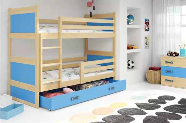 Visualizzazione per Letto a castello per ragazzi RICO 90x200 con materasso e cassetto, pino/blu