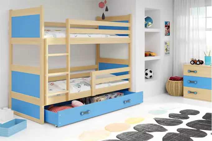 Visualizzazione per Letto a castello per ragazzi RICO 90x200 con materasso e cassetto, pino/blu