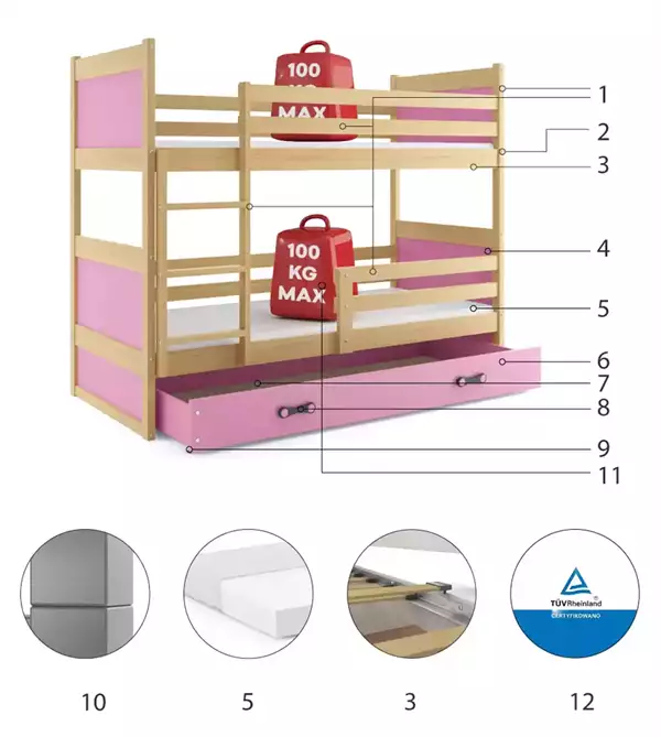 Componenti del Letto a castello per ragazzi RICO 90x200 con materasso e cassetto, pino/rosa