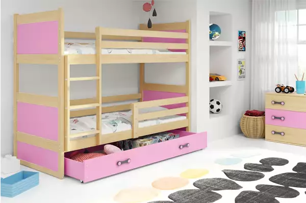 Visualizzazione per Letto a castello per ragazzi RICO 90x200 con materasso e cassetto, pino/rosa