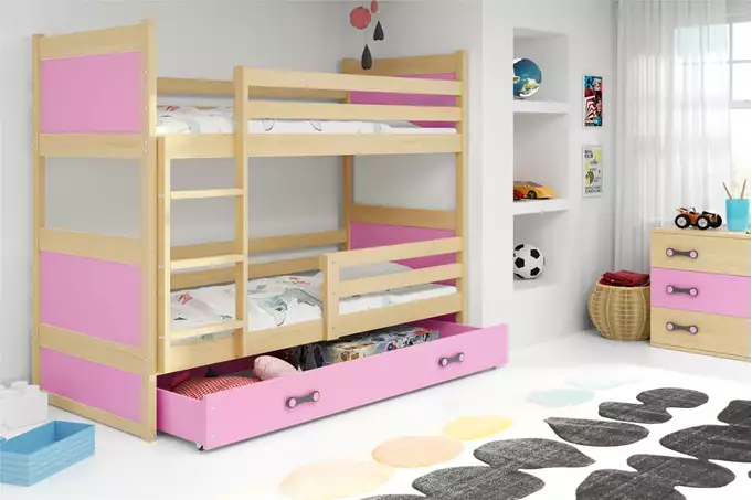 Visualizzazione per Letto a castello per ragazzi RICO 90x200 con materasso e cassetto, pino/rosa