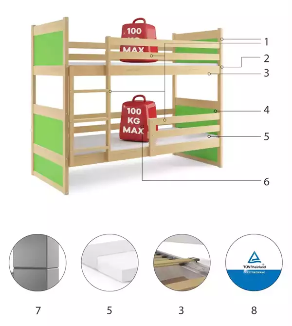 Componenti del Letto a castello per ragazzi RICO 90X200 con materasso, pino/verde Componenti del Letto a castello per ragazzi RICO 90X200 con materasso, pino/verde