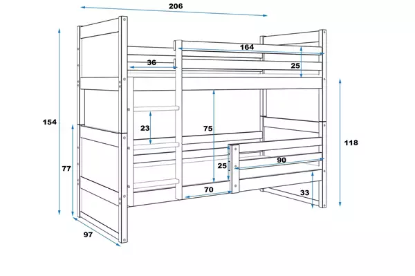 Misura del Letto a castello per ragazzi RICO 90X200 con materasso, pino/verde Misura del Letto a castello per ragazzi RICO 90X200 con materasso, pino/verde